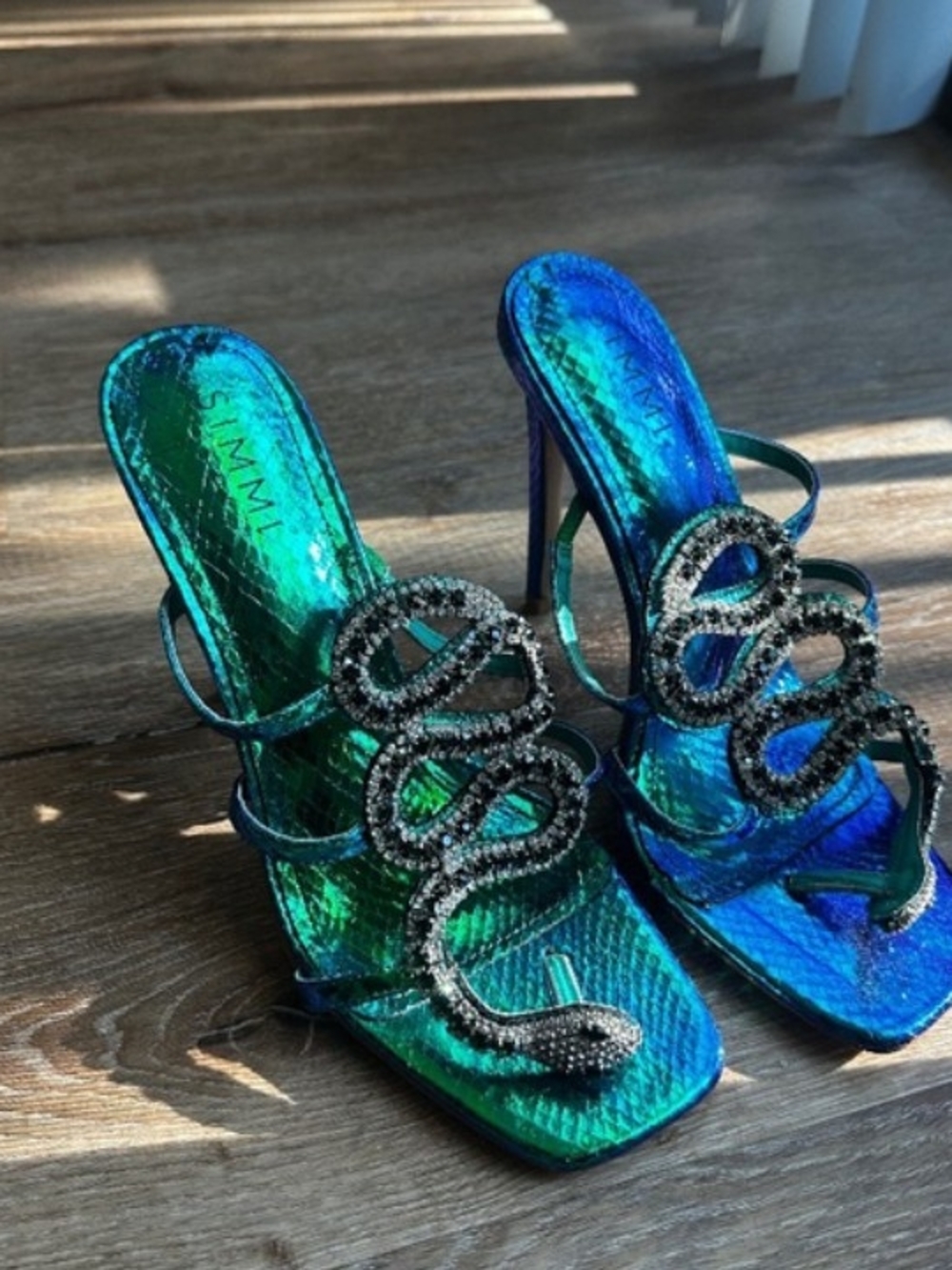 Iridescent Green-Blue Snake-Embellished High Heel Sandals